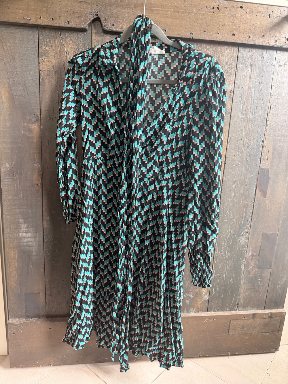 Seraphine Black and Teal Geometric Long-Sleeve Wrap Dress